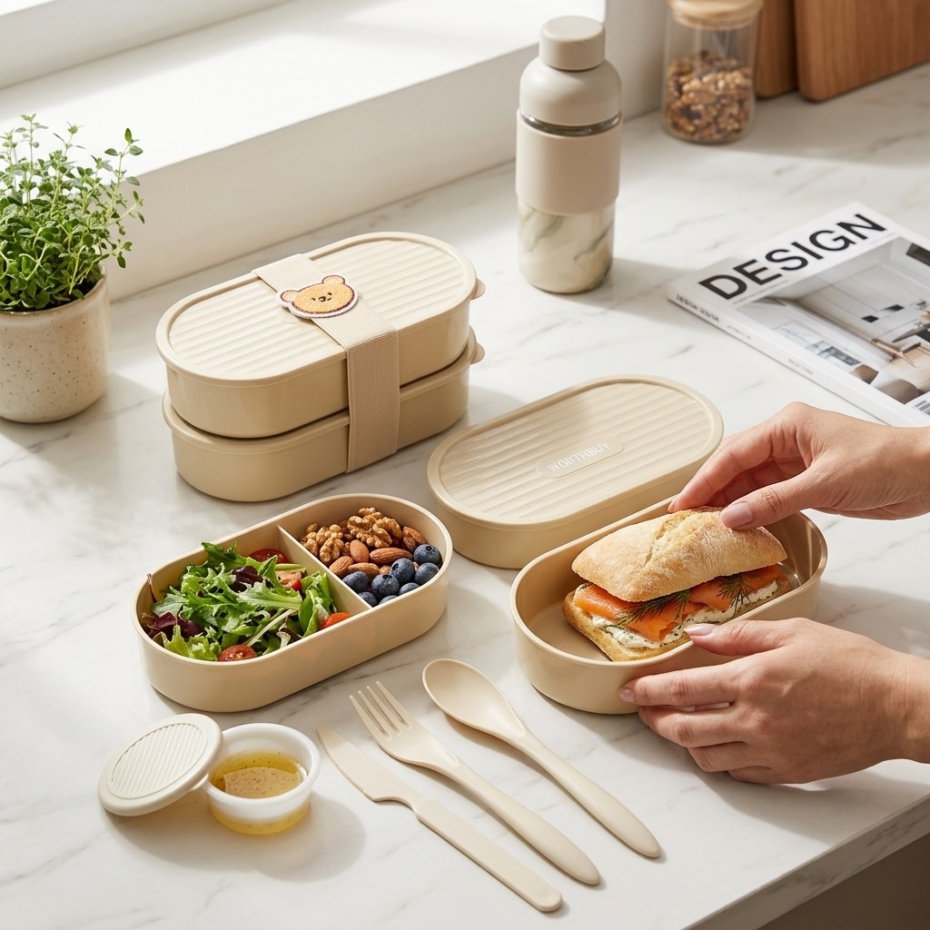 Meal Prep Microwave - Doppelschichtige Ovale Lunchbox mit Niedlichem Trageriemen